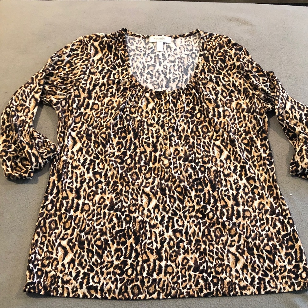 Y2K Dress Barn Women's 3/4 Sleeve Boho Leopard Print Blouse Size Large